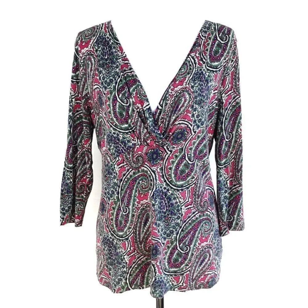 TALBOTS Paisley Print Blouse V-neck Multi Color 3/4 Length Sleeves Medium